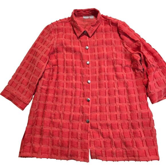 Chico's Travelers Tops - Chico's Travelers Textured Button-up Blouse Shirt Jacket Coral Orange Sz 16/18